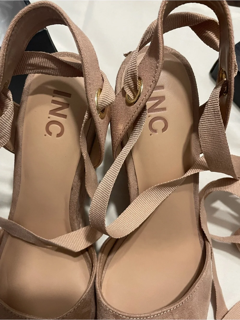 INC International Concepts Dusty Pink Espadrille Wedge Sandals with Ankle Wraps